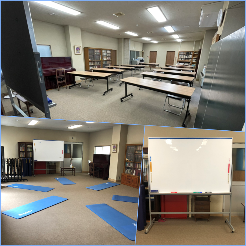 2階ホールの写真3枚のコラージュ。長テーブルが10代並べられた写真とホワイトボードの写真とストレッチマットが6枚円形に並べられた写真。